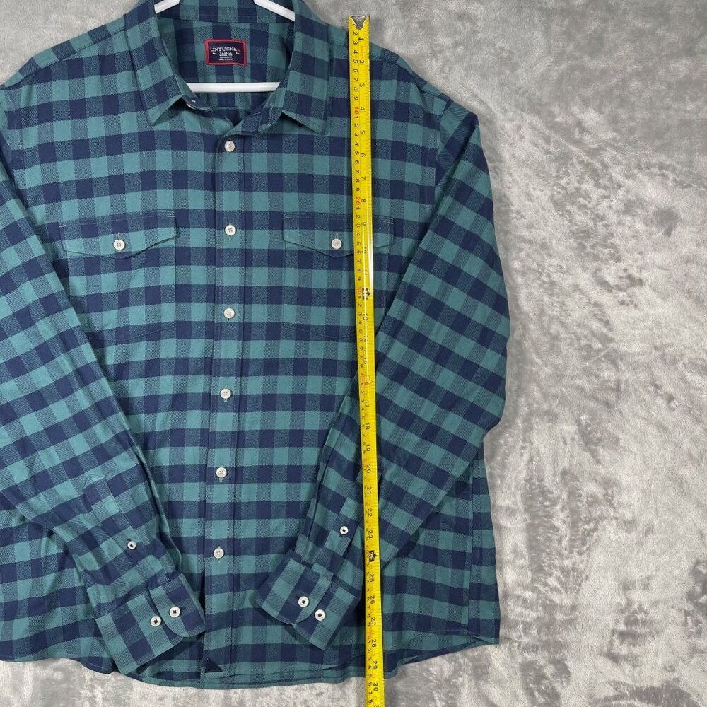 Untuckit Mens XL Wrinkle-Free Green & Navy Plaid Long Sleeve Button-Up Shirt - Picture 4 of 7